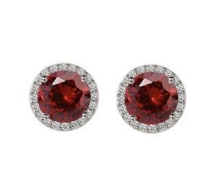 White Gold Finish Round Cut Red Ruby Created Diamond Stud Earrings
