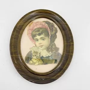 Antique Victorian Die Cut Girl with Cat Kitten Hat Bonnet 1880s-1890s Framed - Picture 1 of 9