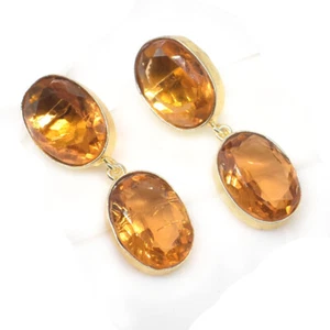 Citrine Quartz Gemstone Gold Plated Jewelry Stylish Design Earring 2.5" J796 - Picture 1 of 5