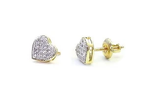 10K Yellow Gold Diamond Heart Earrings Micro Pave Screw Back Studs .10ct - Picture 1 of 6
