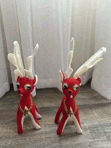Vintage Red Velvet Felt Christmas Reindeer Bell Posable Antlers Japan MCM Retro - Picture 1 of 16