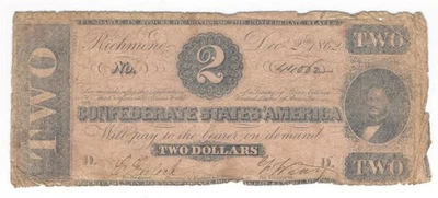 T-54 1862 $2 Confederate Currency Real Civil War Money Judah P Benjamin CSA Note - Image 1 of 2