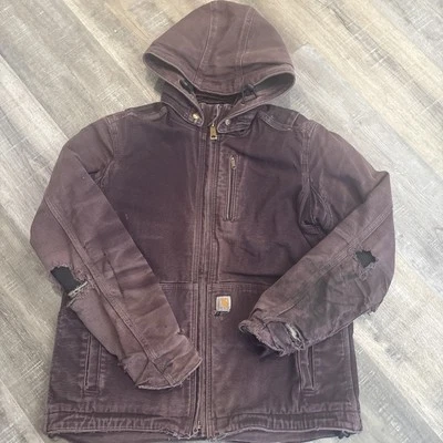 Carhartt 夹克女式 M 紫色梅子夏尔巴内衬帆布工作磨砂 — 第 1/4 张图片
