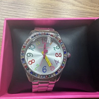 Betsey Johnson Silver Crystal Rhinestone Watch Round Silver Dial Teachers Charms - Image 1 of 4