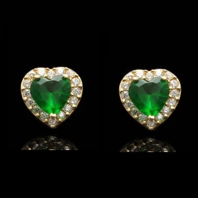 Серьги-гало из желтого золота 14 карат с имитацией изумруда/бриллианта в форме сердца 1 карат - Изображение 1 из 4