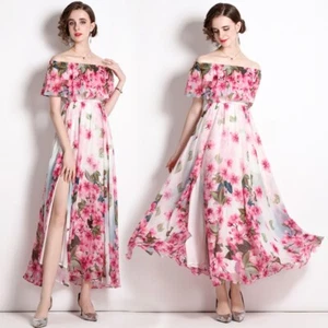 Designer Floral Off-Shoulder Ruffled Slash Neck High Waist Cocktail Party Dress - Picture 1 of 6