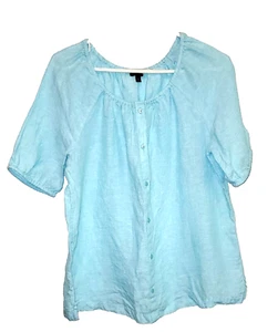 Talbots Damen Gr. M Blau 100% Leinen Stretch Kurzarm Knöpfe Rundhals - Bild 1 von 11