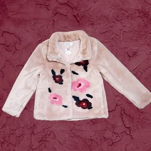 H&M Girls Pink Floral Faux Fur  Jacket Coat Snap Closure Size 9/10 - Picture 1 of 7