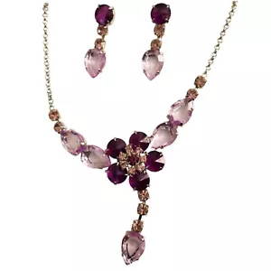 Lila Strass Anhänger Halskette & Ohrringe Modeschmuck Set - Bild 1 von 12