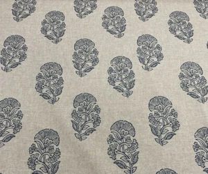 Penelope Floral Toile Fabric Beige Blue Linen Cotton Curtain Blind Upholstery - Picture 1 of 6