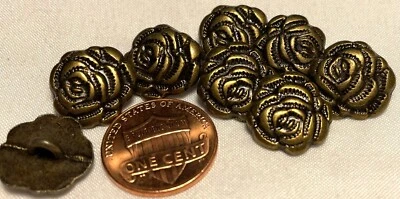 8 Antique Brass Tone Metal Shank Flower Rose Buttons Just Over 9/16" 15mm 12621 - Image 1 of 3