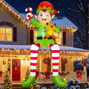 10 FT Christmas Inflatable Outdoor Decorations, Sitting Elf Holding Bear - Picture 1 of 8