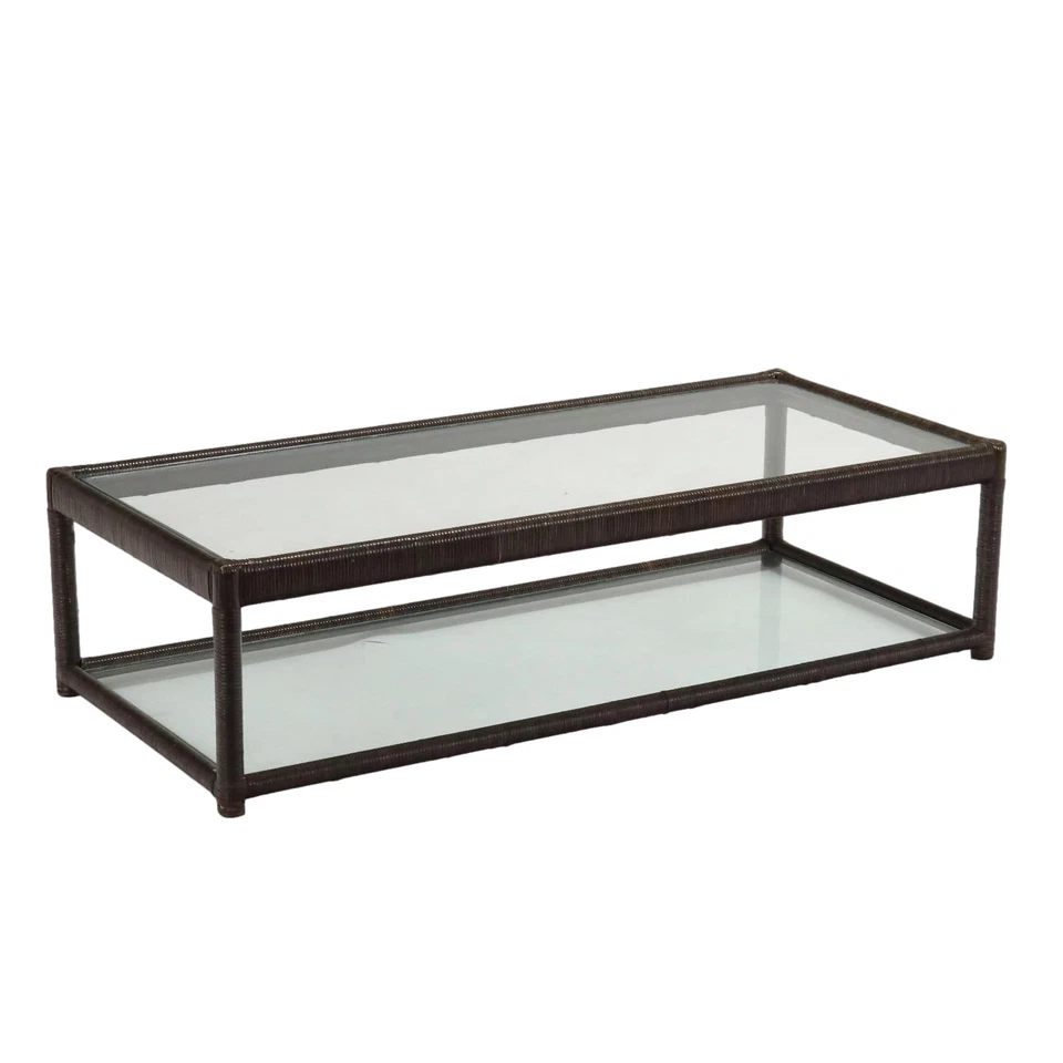 Table Basse Ancienne Osier Double Plateau Verre Italie XXe Siècle Originale - Photo 1/4