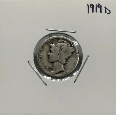 Moneda de diez centavos Mercury 1919 D, 90 % plata, ¡de colección extremadamente baja! 🔥🔥 Foto 1 de 2