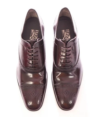 $895 FERRAGAMO - Leather "CAESY" Burgundy Brogue Oxfords - 9.5 D - Image 1 of 4