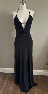 Vintage 90s Cache Maxi Dress - Black Low Plunge Neckline Rhinestone Detail Sexy - Image 1 of 4