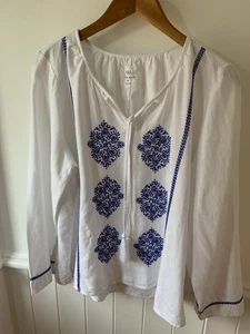 Marks And Spencer White Cotton Embroidered Blouse. Size 16 Long Sleeves Tassels - Picture 1 of 7
