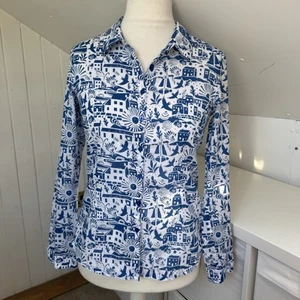 Seasalt Larissa Shirt Size 10 Blue & White Seaside Print 100% Cotton Button Up - Picture 1 of 10
