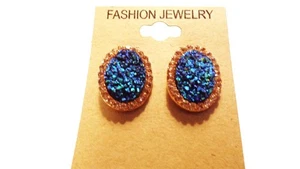 BLUE CRYSTAL ENCRUSTED OVAL EARRINGS PIERCED RHINESTONE LINED GOLD TONE BACK - Picture 1 of 1