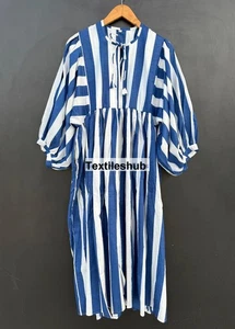 Cotton Blue White Striped Tiger Maxi Gown, Deep Neck Dress Women's Clothing US - Picture 1 of 4