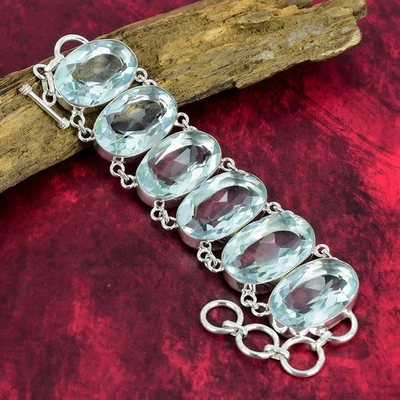 Beautiful Aquamarine Gemstone Handmade 925 Sterling Silver Jewelry Bracelet Gift - Image 1 of 4