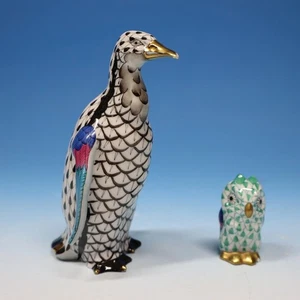 Herend Hungary Figurine - Black Fishnet Penguin and Green Fishnet Owl - Picture 1 of 10