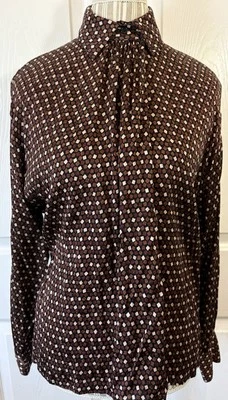 Blusa secretaria vintage Anne Klein II 100 % seda marrón cuadros geométricos talla 10 Foto 1 de 4