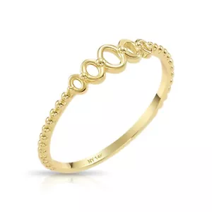 14K Real Solid Yellow Gold Dainty Oval Link Minimalist Beaded Band Ring - Picture 1 of 9