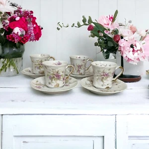 Antique Haviland Limoges Cocoa Cup & Saucers. Pink Purple Rose Flowers. 9 Pcs - Picture 1 of 14