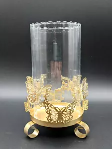 2 Piece Brass Butterfly Candle Holder w/Ribbed Glass Shade - 7" Tall - Picture 1 of 6