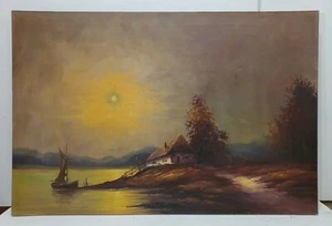 SOUTH AFRICAN BERNARD J BOSMAN Sd ORIGINAL O/C LAKESIDE HOUSE & BOAT at SUNSET - Picture 1 of 11