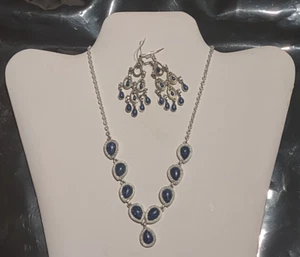 Nine West Blue Lapis Pear Silver Plated Earrings And Necklace Adjust 16-18" - Picture 1 of 7