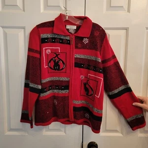Cárdigan Allison Daley Petite rojo con cremallera frontal con figuras de gato adornadas talla PM - Imagen 1 de 6