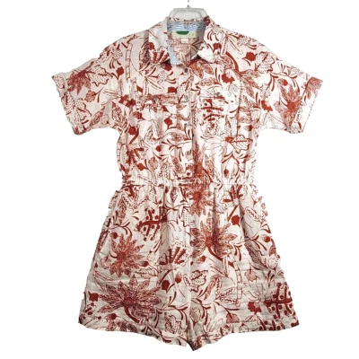 Anthropologie Linen Utility Romper Womens S Red Floral Print Collar Short Sleeve - Image 1 of 4