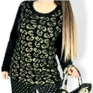 Lilia Mohair Sweater Ladies L wool gold animal print jumper leopard Metallic 80s - Foto 1 di 10