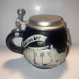 Vintage 1981 W. German Beer Stein Cobalt Blue with Pewter Lid Firefighter Scene - Picture 1 of 5