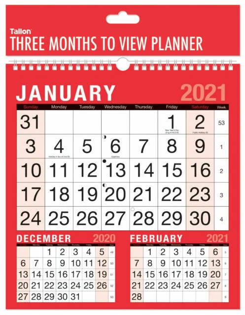 2019 Hanging Calendar Three Month to View Spiral Bound Wall Planner
