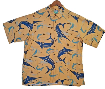 Camisa Reyn Spooner Para Hombre XL Amarilla Hawaiana Pez Espada Calce Clásico 100% Rayón Foto 1 de 4