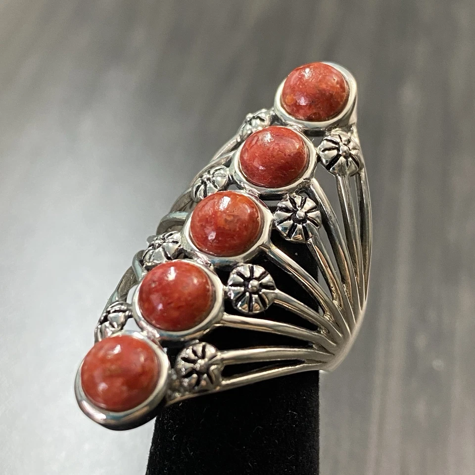 Anillo de plata 925 y coral - talla 9 - BBJ 925 y anillo de cabujón de coral Foto 1 de 1