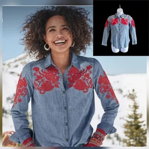 Sundance Button Chambray Denim Like Hemd Gr. M bestickt rot Blumen Western - Bild 1 von 7