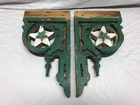 Antique Pair Wood Green Corbel Porch Brackets Shabby Star VTG Chic Old 941-23B Cover