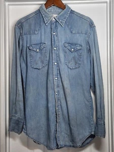 VTG 60s Wrangler 16 Sanforized Pearl Snap Button Shirt Extra Long Tails Thrashed - Picture 1 of 18