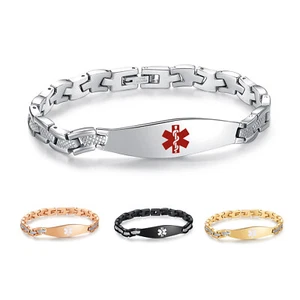 ¡GRABADO PERSONALIZADO! 4 Colores ~ Pulsera de Eslabones de Acero Inoxidable Delgada ID de Alerta Médica para Mujer - Imagen 1 de 8