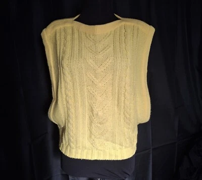 Vintage 80s Womens bright yellow oversized cableKnit sweater vest M - Image 1 of 4