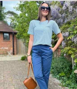 Ex M*S T-Shirt Women's Striped Linen Blend Crew Neck Short Sleeve Tee Pullover - Picture 1 of 26