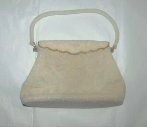 Purse Vintage Glass Beaded Metal Frame Satin Lining 8" x 6" Beaded Handle White - Picture 1 of 1