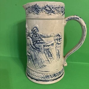 JARRA DE GRES AZUL Y GRIS ANTIGUA WHITE'S UTICA AÑOS 1880 NIÑO BEBIENDO CERVEZA 9" - Imagen 1 de 10