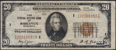 Fr1870-i 1929 Minneapolis $20 Federal Reserve Bank Note Very Fine - Image 1 of 2