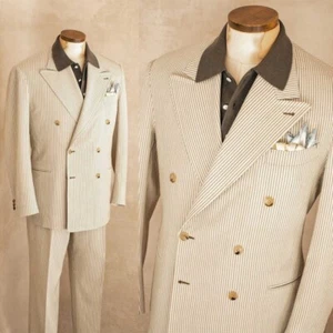 Double Breasted Peak Lapel Men's Beige Wedding Business Striped Suit Regular Fit - Picture 1 of 15