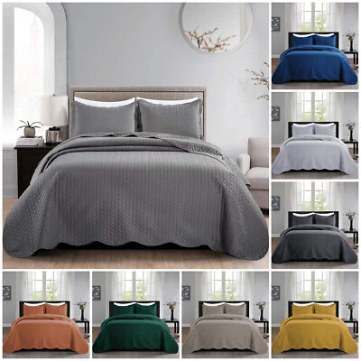 3 Piece Embossed Quilted Bedspread Reversible Queen King Size Coverlet Bed Throw - Image 1 of 4